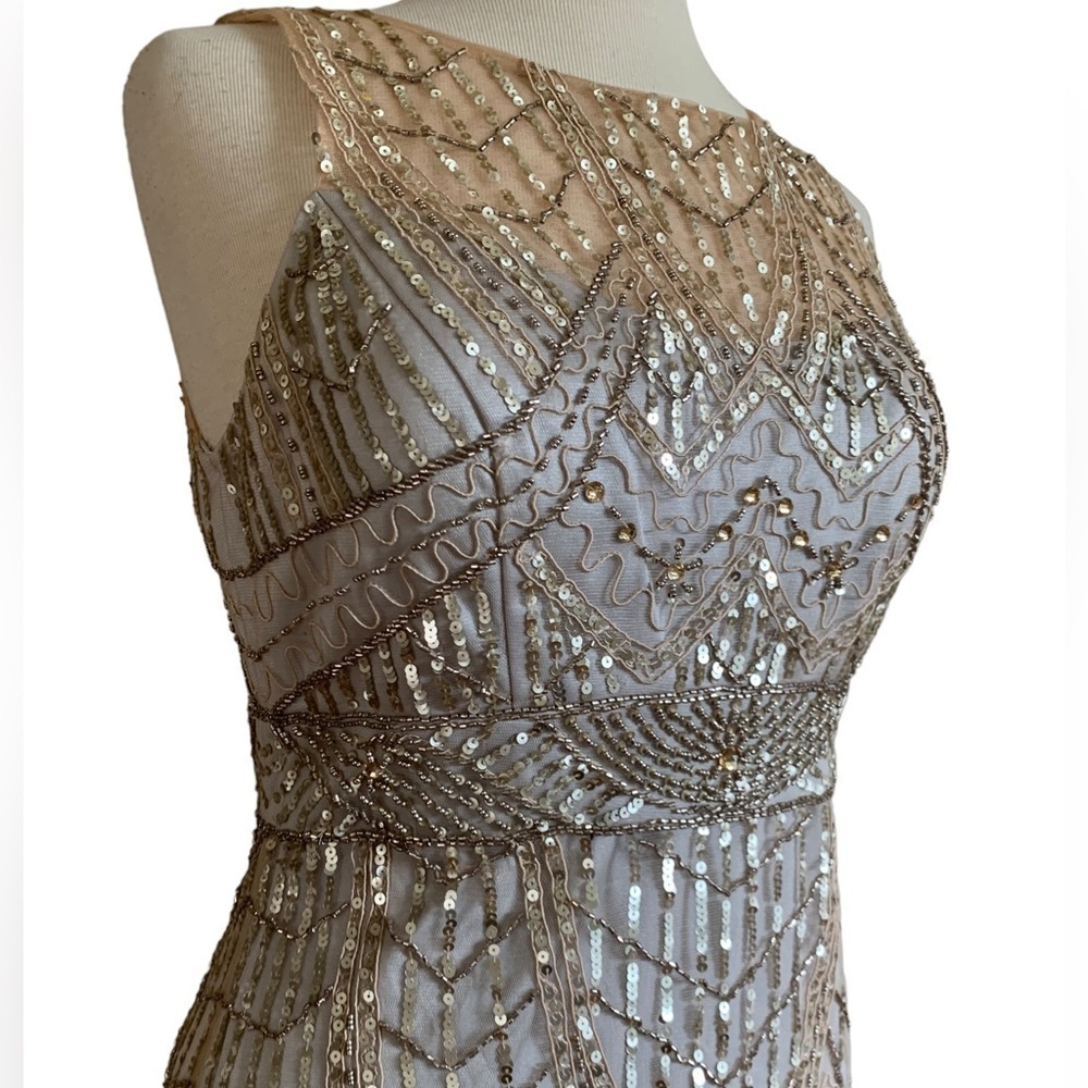 SUE WONG 14 Champagne Silver sequin embellished beaded cocktail formal dress NEW - Picture 8 of 17